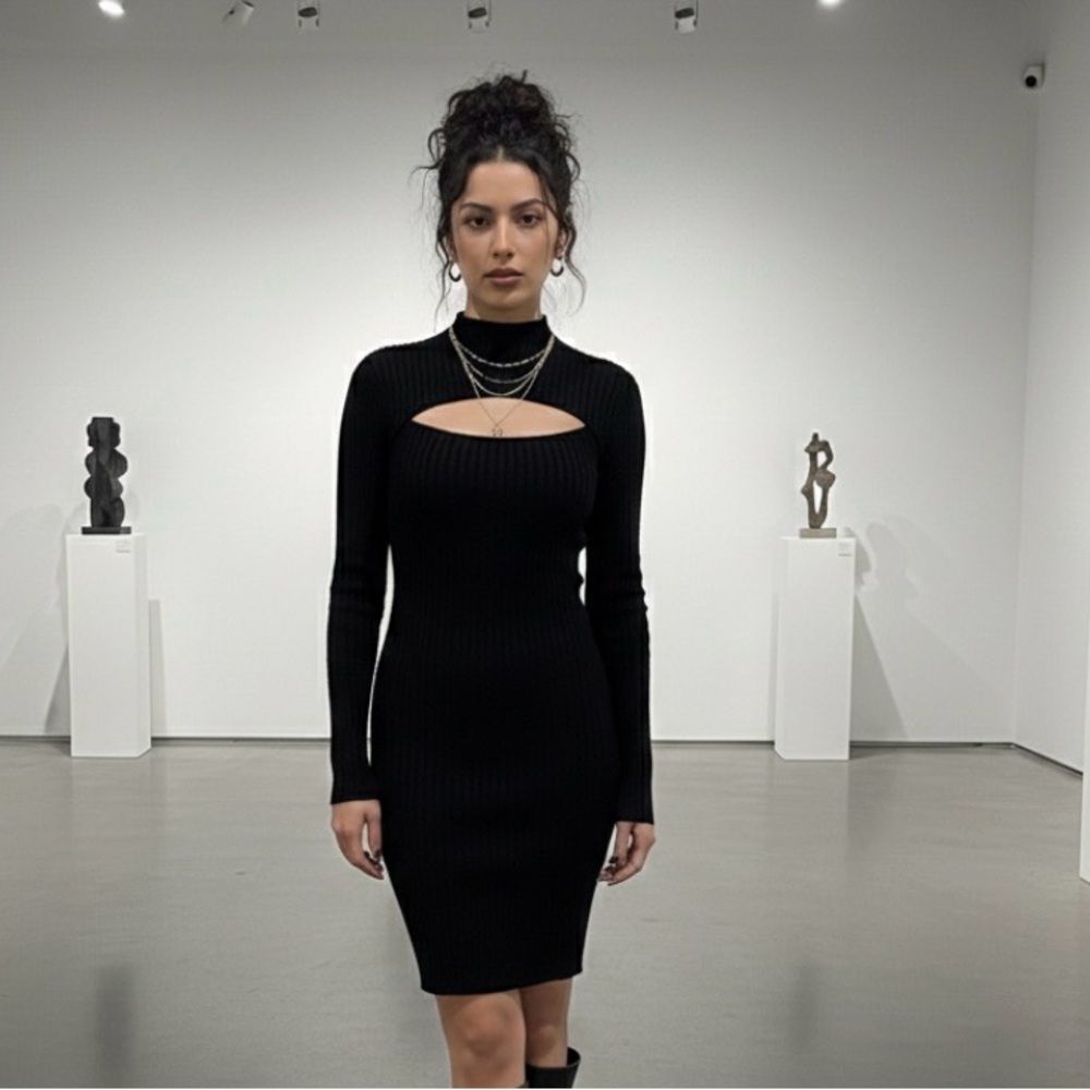 Ribbed Black Bodycon Mini Dress with Chest Cutout & Mock Neck - Chic Night Out